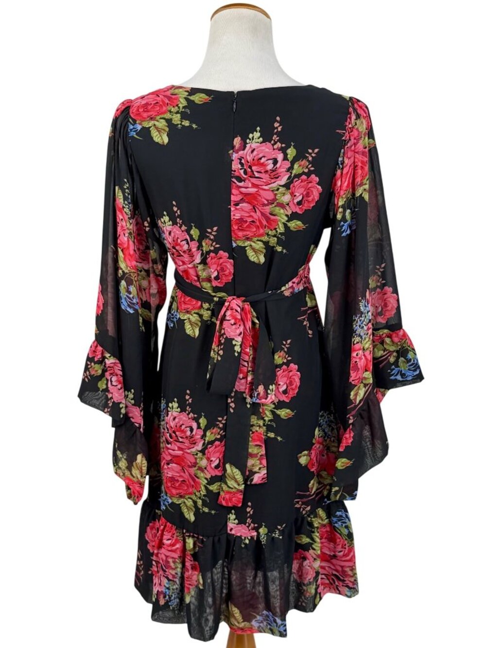 Betsey Johnson Black Bambi Floral Bell Sleeve Ruffle Hem Dress 8 | Y2K Boho Glam - Picture 8 of 16